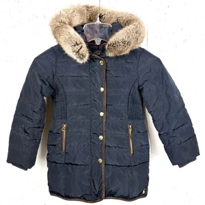 Joules Kids Puffy Coat Faux Fur Zip Off Hood Detail Full Zip Closure Navy 6Y - Picture 1 of 13