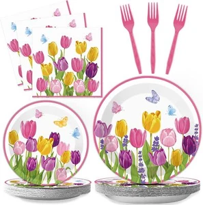 96PCS Floral Tulip Party Tableware Set, Disposable Plates, Napkins, Forks for 24 - Picture 1 of 7