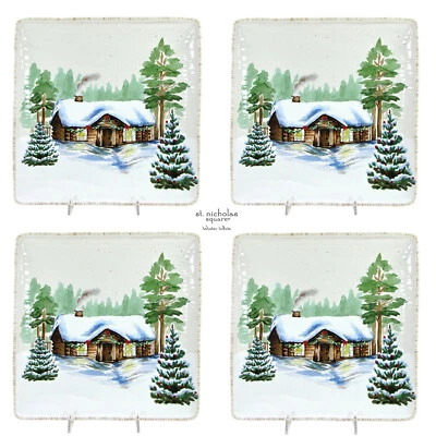 St. Nicholas Square WINTER WHITE 10.5" Dinner Plate Set 4Pc Log Cabin Pine Trees - Image 1 of 4
