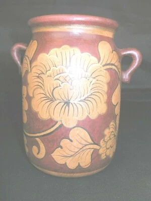 Jarrón vintage de terracota decorado con flores y hojas con detalles dorados Foto 1 de 4