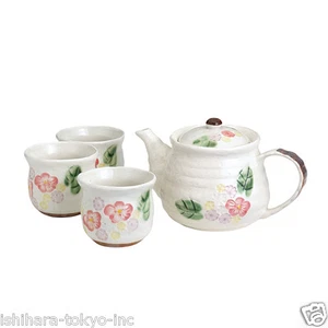 Juego de té de cerámica minoyaki: blanco floral - 1 tetera y 5 tazas de té - cerámica informal - Imagen 1 de 1