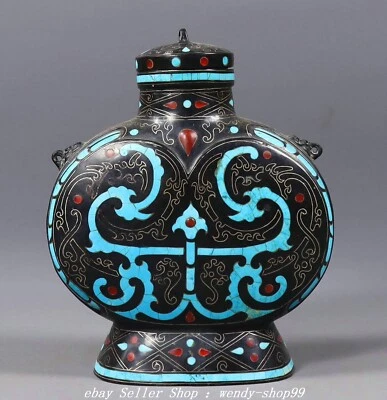 Jarrón botella 6" antiguo dinastía Han mercancía de bronce plata turquesa gemas dragón bestia Foto 1 de 4