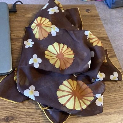 Hoja Bufanda Vintage Marrón Transparente con Flores Amarillas y Blancas, Mezcla Poliéster Foto 1 de 2