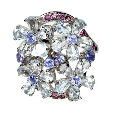 925 Anillo Plata de Ley Aguamarina Rodolita Granate Tanzanita Piedras Joyería - Imagen 1 de 4