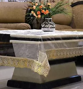 PVC 4 Seater Transparent Centre Table Cover Golden lace US - Picture 1 of 4