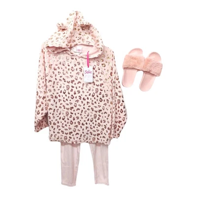 Justice Pajama Set 10 Pink Gold Foil Hoodie w/Ears Slide Faux Fur Slippers 2/3 - Image 1 of 4
