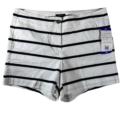 Bermudas para mujer Nautica blancas azules a rayas frente plano 5" entrepierna talla 10 Foto 1 de 4