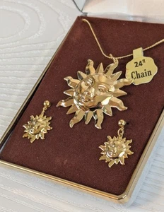 Sun Face Sunburst Charm Necklace And Earrings Set, 24" Chain, Read Description - Picture 1 of 14