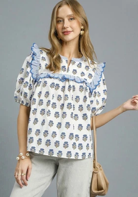 Umgee Women's Mixed Floral Striped Print Ruffle Trim Puff Sleeve Top - Image 1 of 4