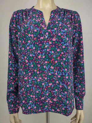 NUEVO CON ETIQUETAS J. Blusa Top Mujer Crew Azul Oscuro Rosa Floral Manga Larga Cuello en V Mediana Foto 1 de 4