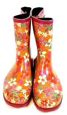Womens sz 11 Rain Boots Floral Retro Orange Pink Garden Hippie Groovy VTG 1990's - Image 1 of 4
