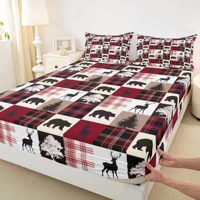  Sábana Ajustable Wildlife Bear Alce Talla Queen Navidad REINA (W60*L80*H16") Rejilla Foto 1 de 4