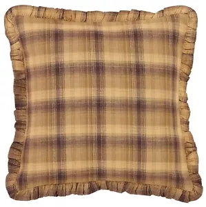 Lodge-Style Ruffled Throw Pillow Brown Green Plaid Cotton 16" Square Prescott - Picture 1 of 3