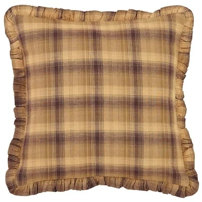 Lodge-Style Ruffled Throw Pillow Brown Green Plaid Cotton 16" Square Prescott - Image 1 of 3