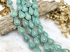 14x10mm Aged Turquoise Travertine Czech Glass Filigree Tear Drop Beads 10 Beads - Picture 1 of 4