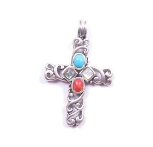 Vintage Kreuz Anhänger 925 Sterling Silber Türkis Mondstein Koralle & Abalone  - Bild 1 von 7