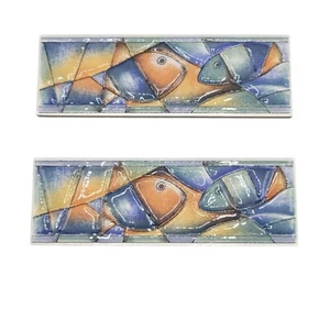 Vtg 2 Ceramic Glazed Pottery Colorful Fish Mosaic Decorative Tiles  8" x 2.5" - Picture 1 of 6