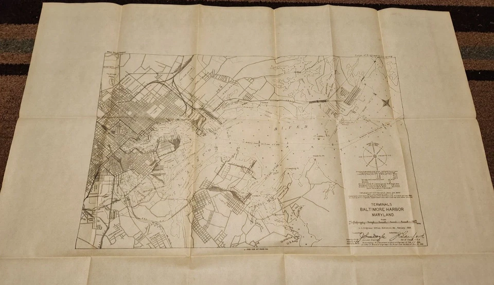 1920 BALTIMORE HARBOR MARYLAND TERMINALS W/WIND CHART ENGINEERING MAP 22 x 30.50 - Image 1 of 1