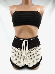 US stock Hand Knit Women Top and Shorts Set, High waisted shorts and bandeau top - Picture 1 of 11