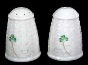 RARE! VTG BELLEEK SHAMROCK BASKET WEAVE SALT & PEPPER SHAKER SET 2.75" TALL EVC - Picture 1 of 2
