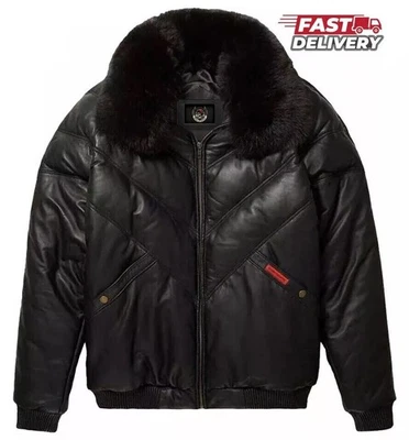 Chaqueta acolchada de cuero para hombre V Bomber negra piel de oveja cuello de piel de zorro original 6XL Foto 1 de 3