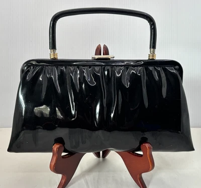 Винтажный 1960-80-х годов Ande Дамская сумка застежки черный лакированная кожа или виниловая верхняя ручка - Изображение 1 из 4