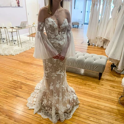 Boho A-Line Wedding Dress Off Shoulder Detachale Sleeves 3D Flowers Bridal Gowns - Image 1 of 4