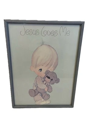 Vintage Precious Moments Wall Hanging Nursery Picture Glass Jesus Loves Me - Изображение 1 из 4