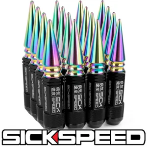 SICKSPEED 16PC BLACK / NEO CHROME SPIKED ALUMINUM 108MM 3 PC LUG NUTS 1/2X20 L30 - Picture 1 of 1