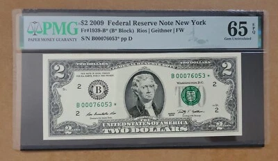 2009 $2 Federal Reserve Note New York PMG 65EPQ 🌟 STAR/REPLACEMENT GEM UNC  - Image 1 of 2