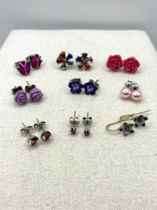 Pink Purple Flowers Imitation Pearl Rhinestone Stud Earrings Set of 9 Pairs - Picture 1 of 18