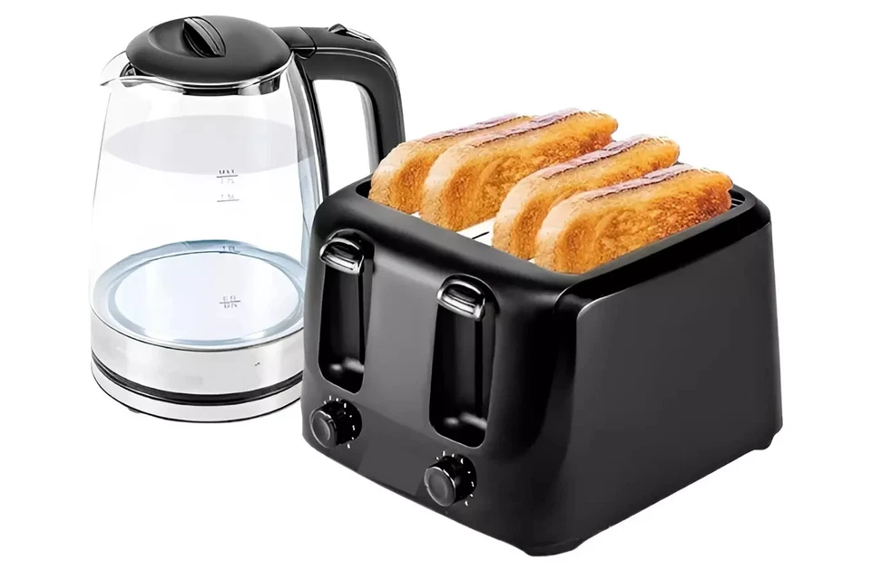 4 Slice Toaster & 1.7L Glass Kettle Set 2200W Electric Kettle 1400W  Black Heavy - Image 1 of 1