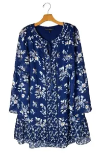 WHBM Dress Women Large Blue Floral Print Tassel Tie Neck Peasant Boho Mini - Picture 1 of 10