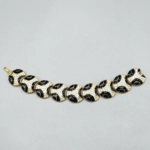 Brazalete Panel Chapado en Oro Pavé Cristal Esmalte Negro Firmado por Nina Ricci 7.5" - Imagen 1 de 10