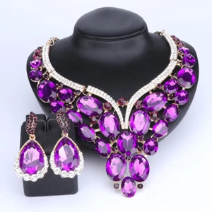 Women Gold Plated Crystal Wedding Party Necklace Earring Geometric Jewelry Set - Picture 1 of 53
