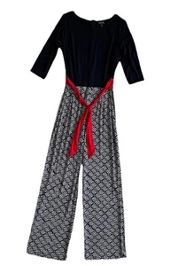 Enfocus Studio Jumpsuit Navy Blue White Red Beltwaist Style Stretchy Size 8 - Picture 1 of 10