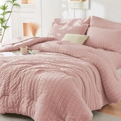  Conjunto de edredom queen ouro rosa Seersucker 7 peças, cama de luxo para todas as estações em um  - Imagem 1 de 4