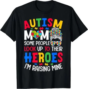 Autism Mom Raising Hero Groovy Messy Bun Autism Awareness T-Shirt - Picture 1 of 20
