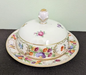 Antique 1918-29 Dresden SCHUMANN Bavaria Porcelain Butter Dish w/Cover, Ø7.5" - Picture 1 of 11