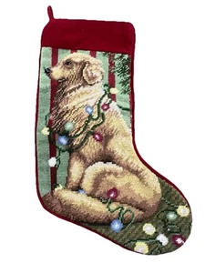Christmas Needlepoint Stocking Golden Retriever Holiday Lights Velvet Back 19"L - Picture 1 of 7