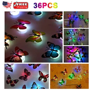 36PCs 3D Butterfly LED Wall Stickers Glowing Bedroom DIY Home Decor Night lights - Picture 1 of 12