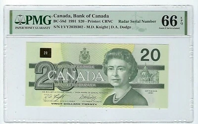 Canadá 1991 BC-58d - Billete de $20 radar PMG gema UNC 66 EPQ Foto 1 de 2