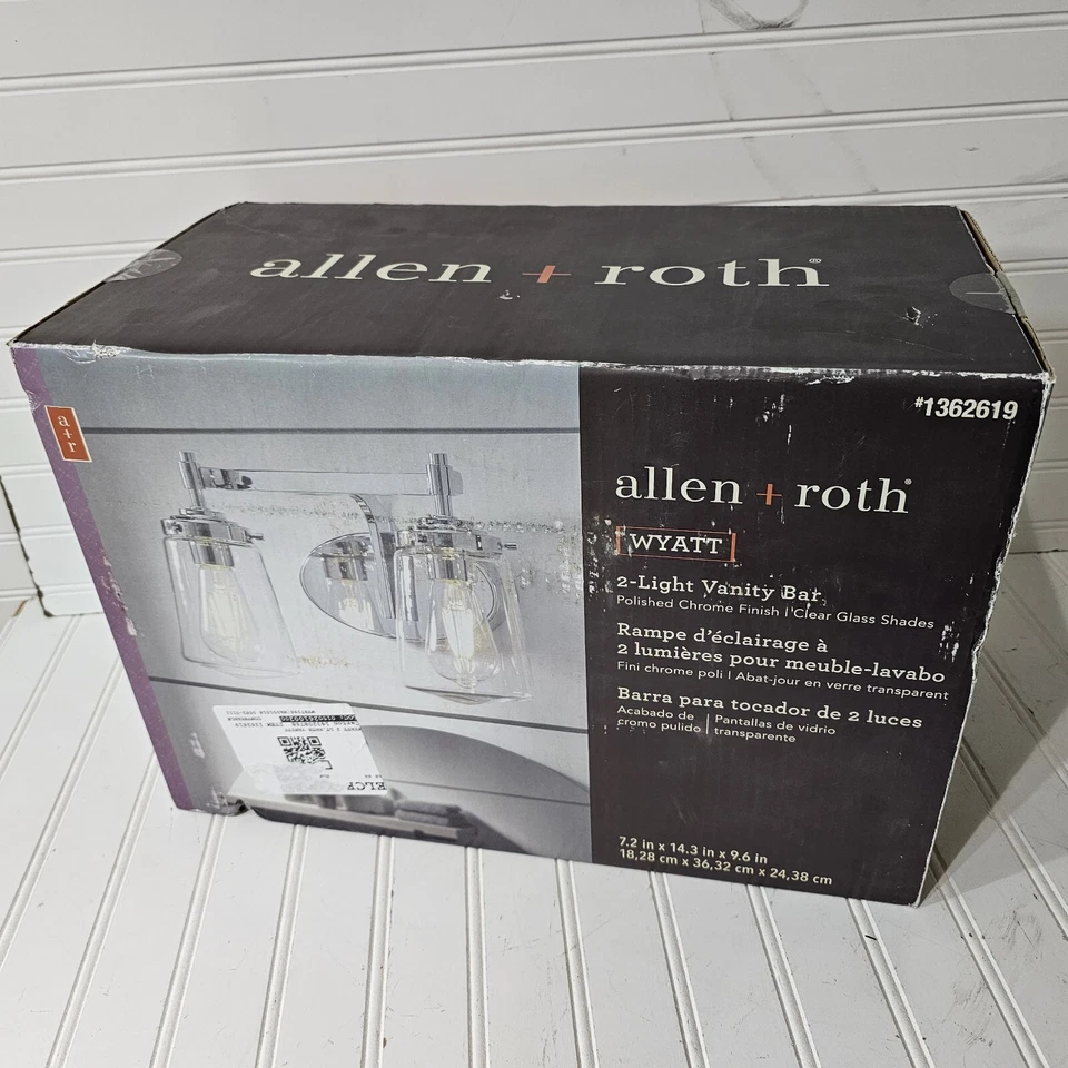 全新 Allen+Roth WYATT Vanity 2 浅玻璃 透明色调 浴室 抛光 铬 — 第 1/4 张图片