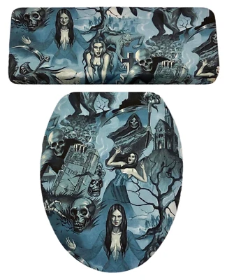 Juego de tapa de asiento de inodoro y tapa de tanque decoración baño Halloween cementerio vampiro Foto 1 de 2