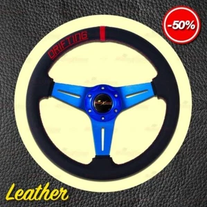 350mm LEDER 3-Speichen Aluminium Lenkrad FLACH Geschüsselt ROTER Stich BLAU - Picture 1 of 4