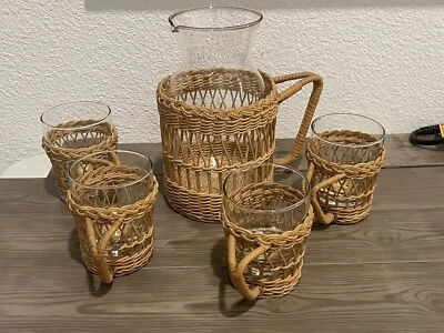 Conjunto de jarro e copos vintage de suco de vime com alça de tecido 10 peças boho MCM - Imagem 1 de 4