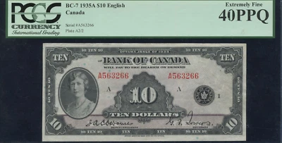 1935 Bank of Canada $10 - PCGS Extremely Fine 40 PPQ. S/N: A563266/A - Image 1 of 2
