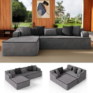 Modern Sectional Sofa L-Shaped Corduroy Modular Couch Gray No Assembly Required - Picture 1 of 9