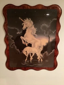 Vintage seltene 80er Einhorn Pferd Mama & Baby Holz Plakette 23 x 19 Ferraro - Bild 1 von 3