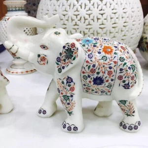 12" Luxury Elephant Handmade White Marble Multi Gemstone Floral Inlay Home Decor - Foto 1 di 5